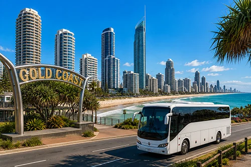 gold coast bus hire with coach near beach skyline
