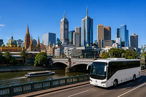 melbourne bus hire with coach near city landmarks