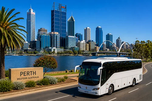 perth mini bus hire with coach near city skyline